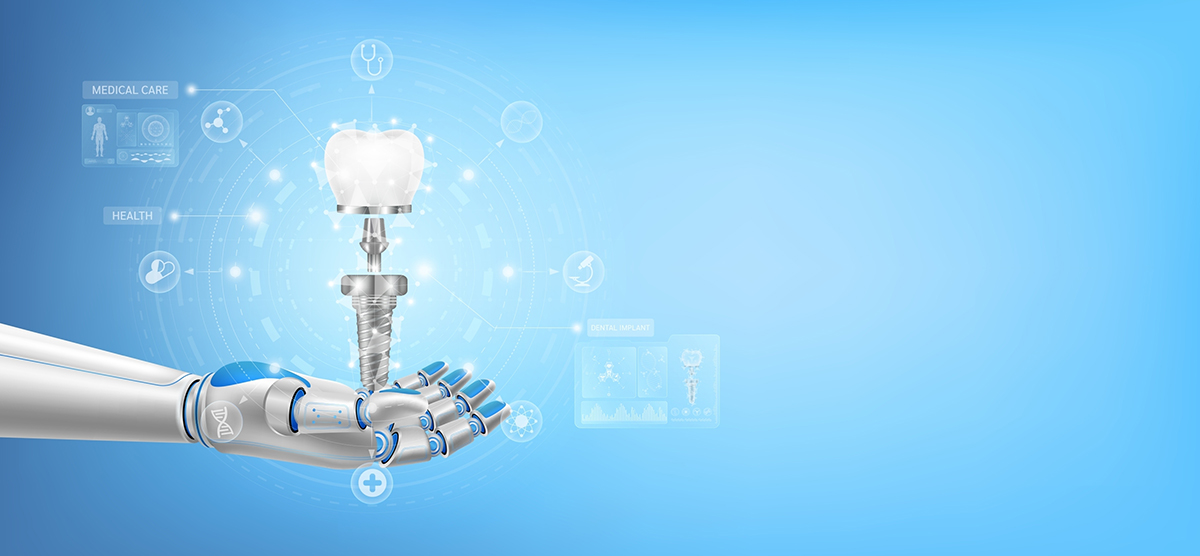 Implant dentar sustinut de o mana de robot