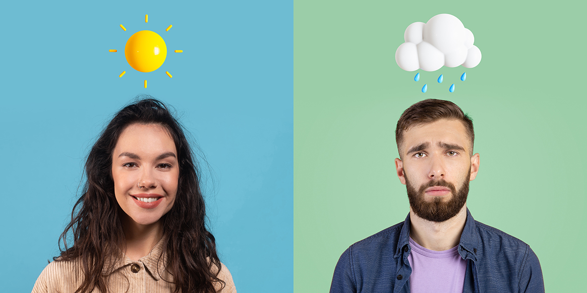 Barbat si femeie care exprima stari emotionale diferite, concept de schimbari de dispozitie si sanatate mentala