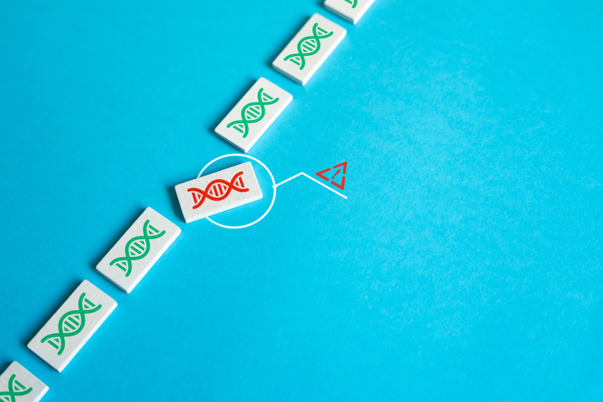 Ilustrare concept mutatie genetica de novo ca modificare secventa ADN.