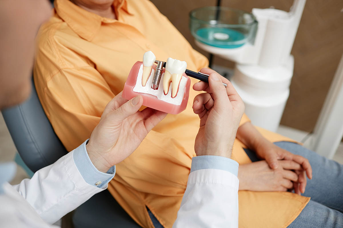 Prim plan cu un medic dentist tinand in mana un model de dantura, explicand structura dintilor si optiunile de tratament in cadrul unei consultatii stomatologice.