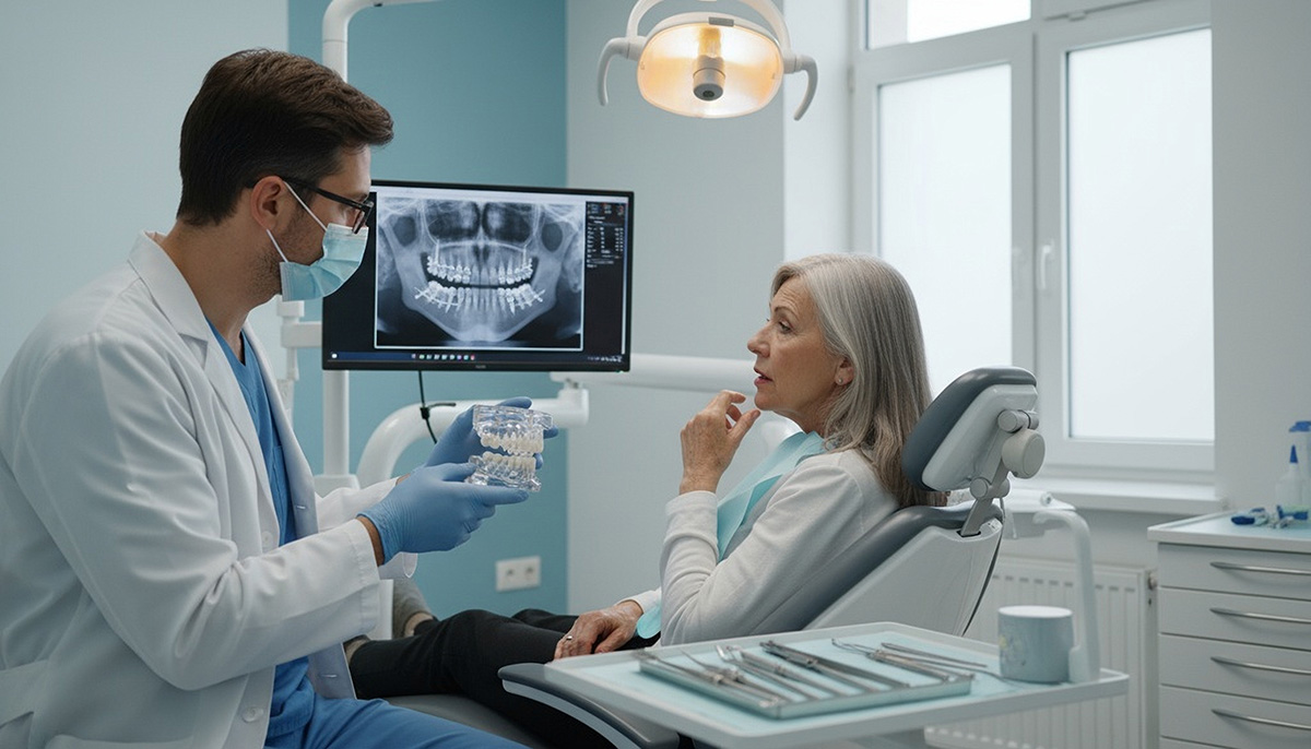 Pacient adult in varsta in timpul unei consultatii stomatologice, discutand cu medicul dentist despre starea sanatatii orale si optiunile de tratament dentar.