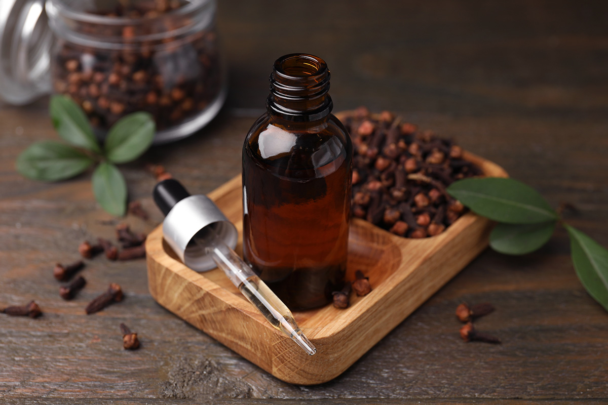 Sticluta cu ulei de esential de cuisoare, langa muguri uscati de cuisoare.