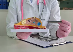 Medic aratand o tumora mamara pe un model pentru educatie medicala