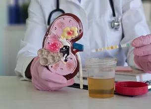 Medic cu proba de urina, bandeleta de test si mulaj rinichi