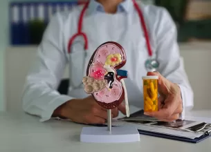 Medic tinand in mana un recipient cu antibiotice langa un model al rinichiului