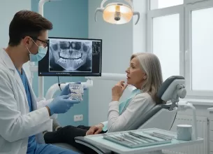 Pacient adult in varsta in timpul unei consultatii stomatologice, discutand cu medicul dentist despre starea sanatatii orale si optiunile de tratament dentar.