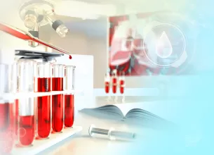 Ilustratie medicala 3D cu eprubete si fiole de laborator, evidentiind procesul de analiza a probelor biologice si cercetarea medicala.