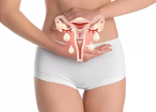 Femeie tinand o reprezentare grafica a sistemului reproducator feminin