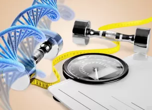 Structura ADN alaturi de gantere si centimetrul, simbolizand legatura dintre genetica si sport