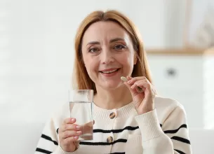 Femeie la menopauza luand tratament de substitutie hormonala.