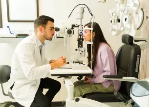 Medic oftalmolog examineaza ochii pacientului cu biomicroscop cu fanta