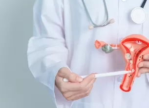 Medic prezinta un model anatomic al uterului si ovarelor in timpul consultatiei