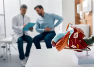 Model anatomic al sistemului reproducator masculin pe masa, cu un medic si un pacient in fundal.