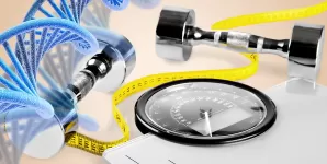 Structura ADN alaturi de gantere si centimetrul, simbolizand legatura dintre genetica si sport