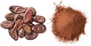 Bucăți de ciocolată neagră și boabe de cacao