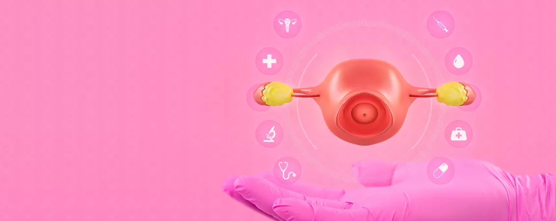 Mana unui medic cu manusa roz aratand un model anatomic al uterului