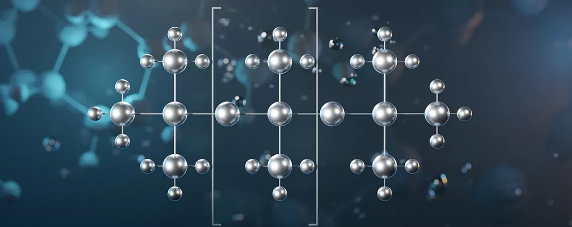Model molecular 3D al structurii chimice a polidimetilsiloxanului (PDMS), un compus siliconic utilizat frecvent in cosmetice si produse de ingrijire personala