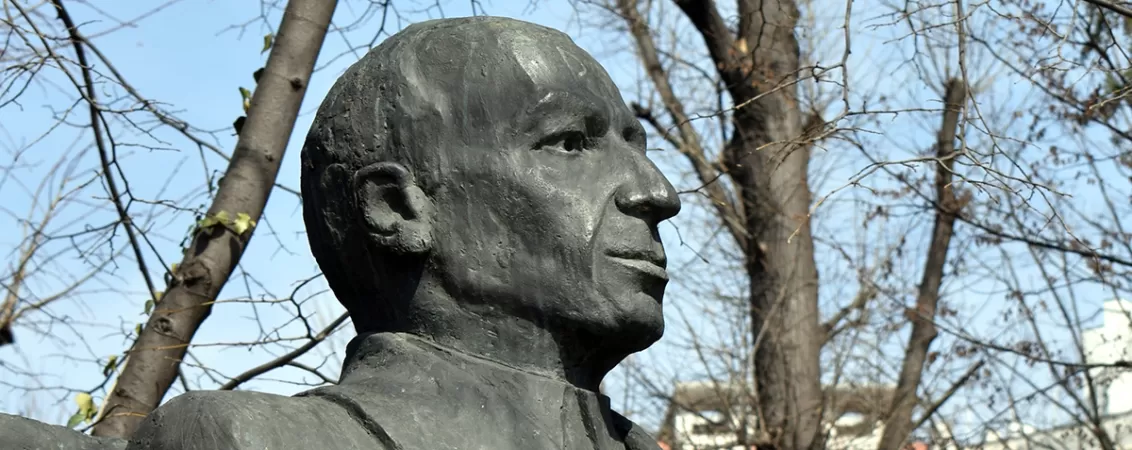 Detaliu al statuii lui Nicolae Paulescu din Bucuresti, evidentind trasaturile sculpturale ale celebrului om de stiinta