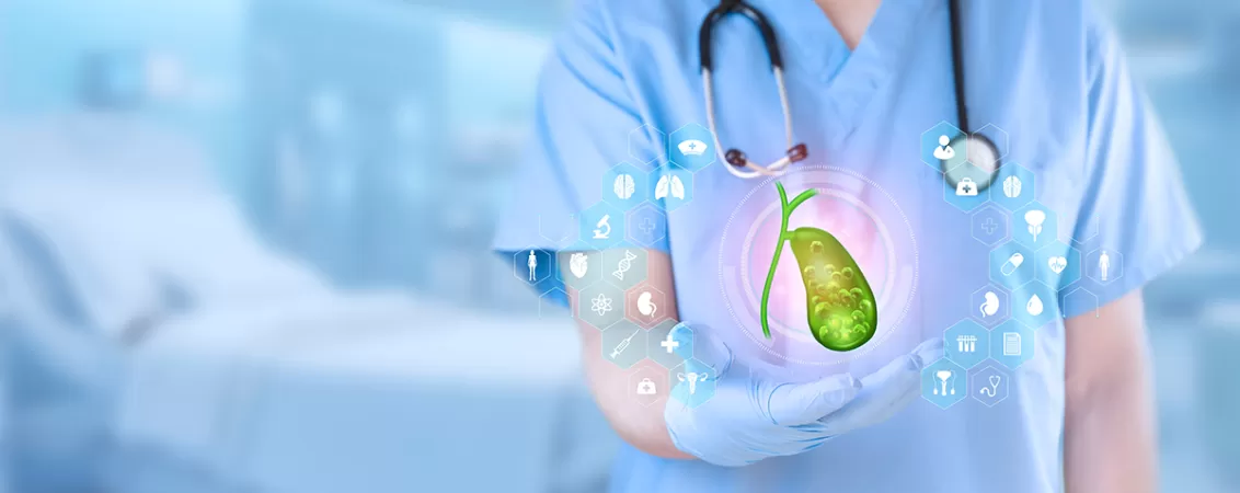 Doctor care analizeaza o reprezentare grafica a pietrelor la vezica biliara pentru stabilirea tratamentului