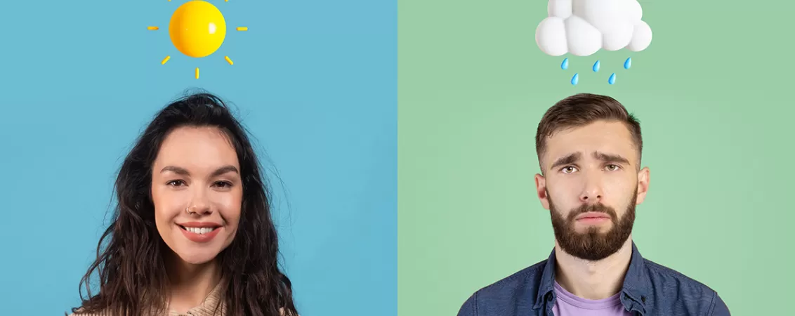 Barbat si femeie care exprima stari emotionale diferite, concept de schimbari de dispozitie si sanatate mentala