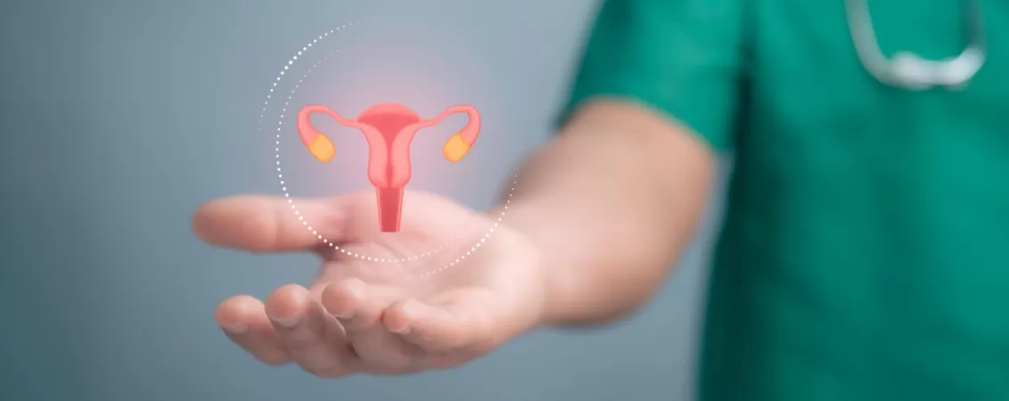 Mana unui medic ginecolog tinand o holograma a uterului ovarelor si vaginului