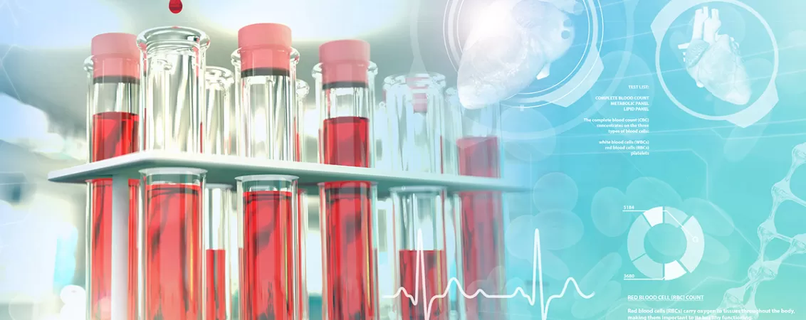 Eprubete pentru analize biologice intr-un laborator clinic, continand probe de sange pentru testarea ADN-ului si investigatii medicale avansate in domeniul biochimiei.