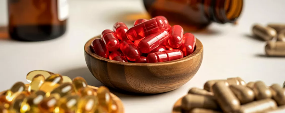 Trei boluri din lemn umplute cu capsule gelatinoase si suplimente alimentare de diferite culori, ilustrand varietatea de vitamine si produse pentru sustinerea sanatatii.