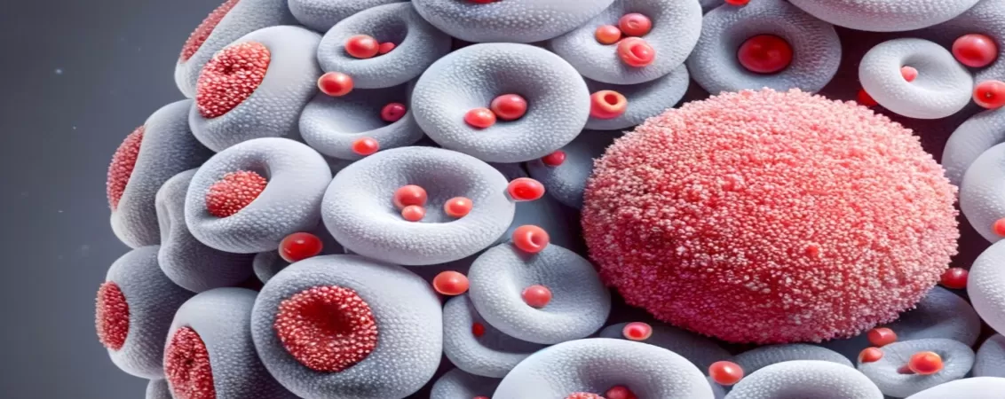 Imagine generata a unui bazofil, reprezentand o celula a sistemului imunitar implicata in reactii alergice si apararea organismului impotriva agentilor patogeni.