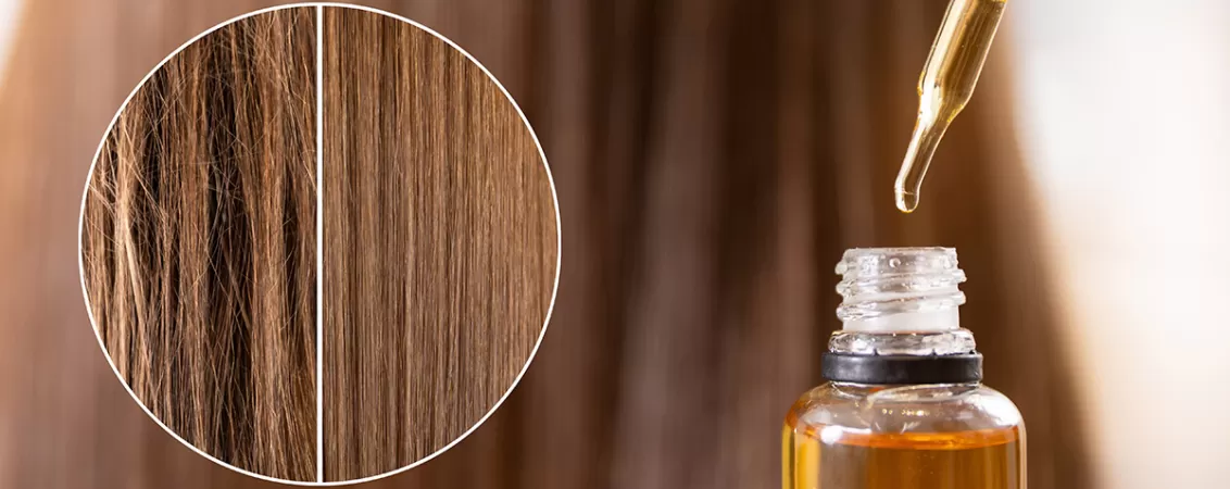 Aplicarea unui ser pentru par pe lungimea firului de par, ilustrand tratamentul pentru ingrijirea parului si stimularea cresterii si sanatatii firelor de par