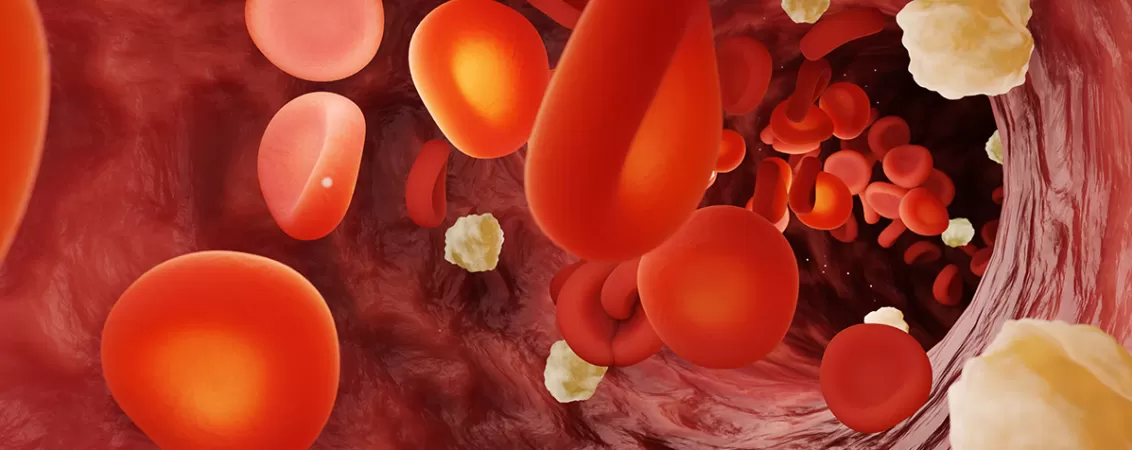 Ilustratie 3D a globulelor rosii din sange inconjurate de particule de glucoza si impuritati, evidentiind compozitia sangelui si procesele metabolice.