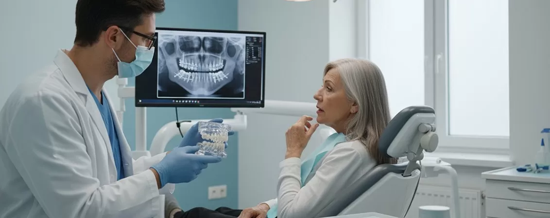 Pacient adult in varsta in timpul unei consultatii stomatologice, discutand cu medicul dentist despre starea sanatatii orale si optiunile de tratament dentar.