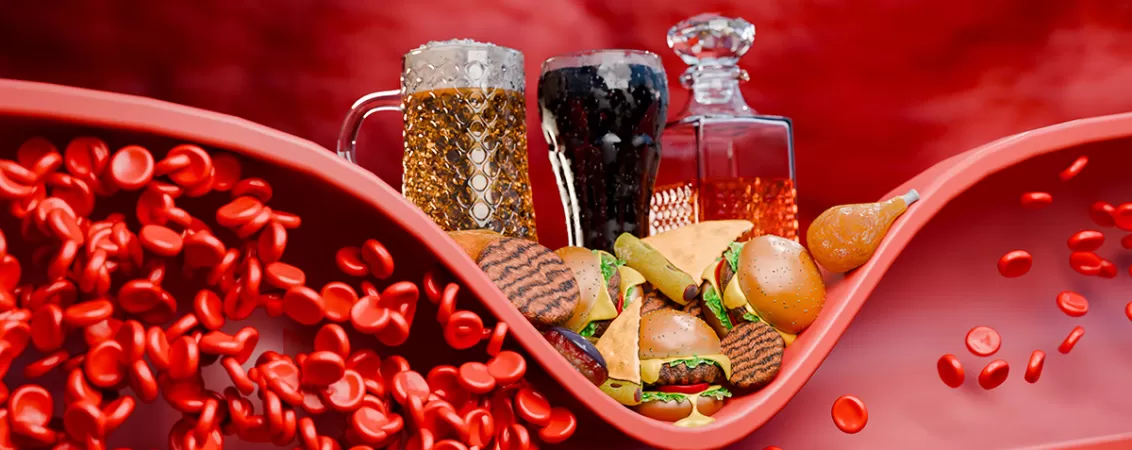 Concept despre efectele alimentelor fast food, zaharului si alcoolului asupra sanatatii.