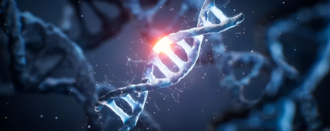 Ilustratie 3D a ADN-ului, evidentiind mutatiile genetice si modificarile biologice