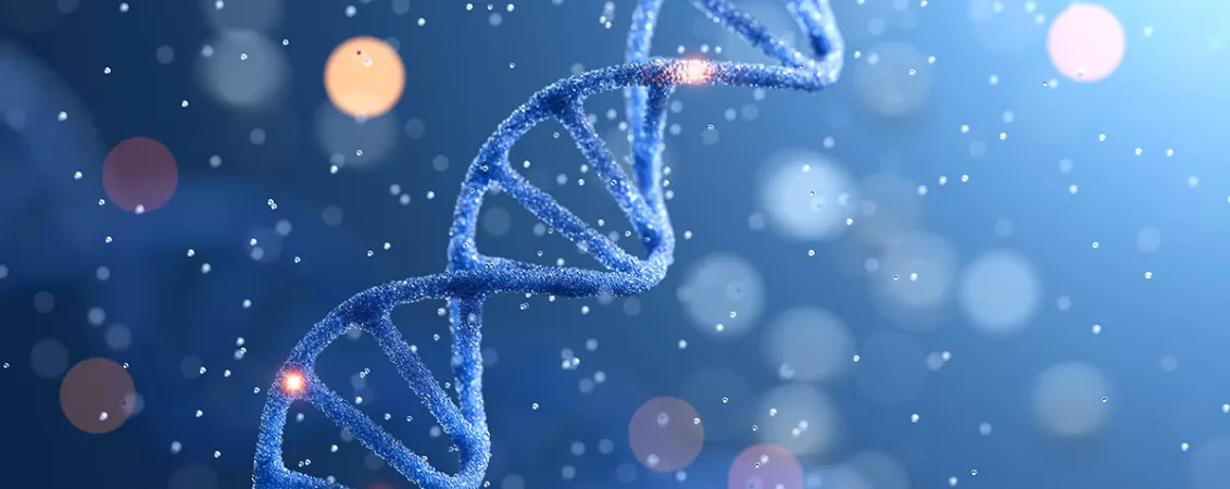 Ilustratie ADN dublu helix albastru in lumina, simbol al geneticii