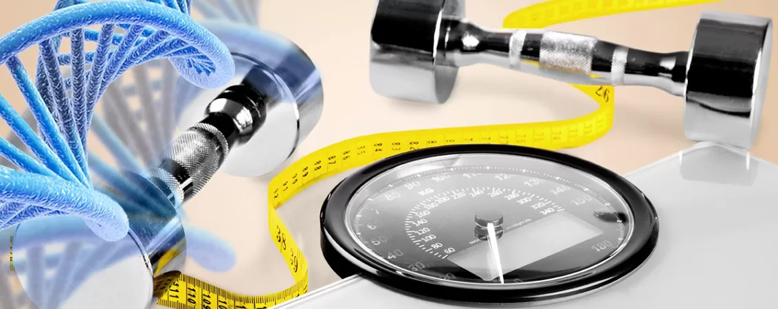 Structura ADN alaturi de gantere si centimetrul, simbolizand legatura dintre genetica si sport