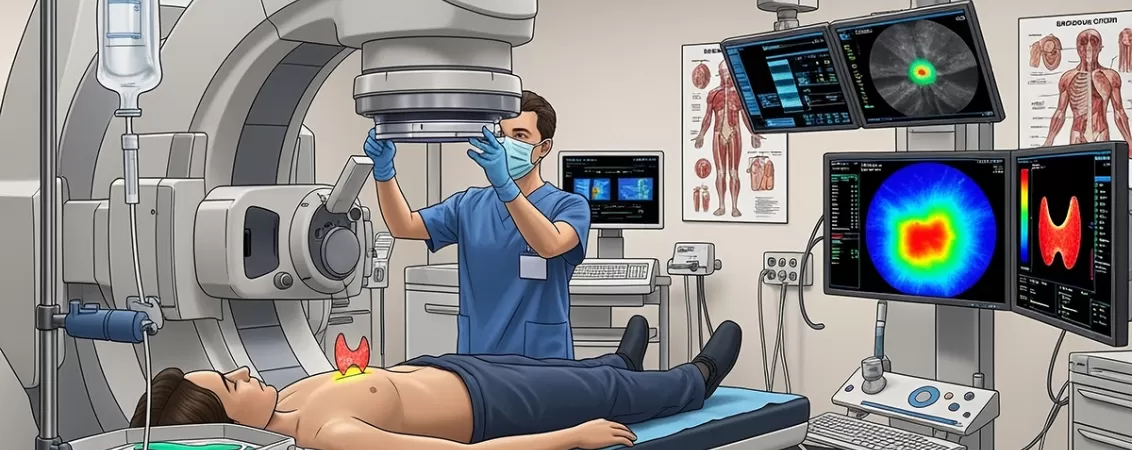 Ilustratie medicala care evidentiaza un nodul cu captare intensa la scintigrafie