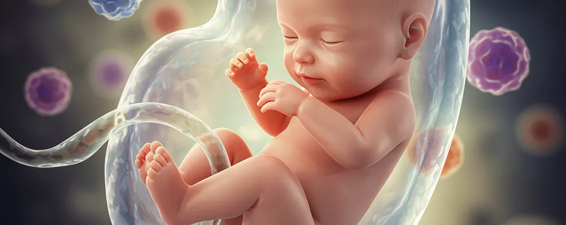 Ilustratie cu bebelus si cordon ombilical in interiorul unei celule stem