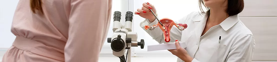 Ginecolog prezinta pacientei macheta uterului si ovarelor