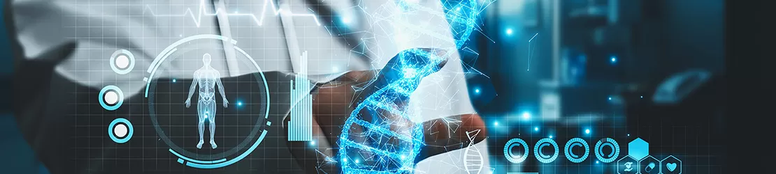 Medic indicand o reprezentare holografica a unei secvente de ADN