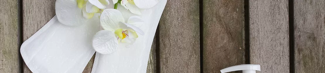 Absorbante zilnice pentru femei asezate langa flori decorative de orhidee