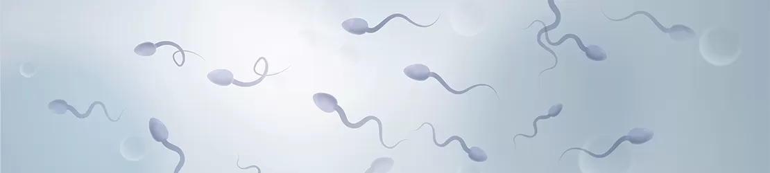 Ilustratie stiintifica cu spermatozoizi si elemente dintr-un spermogram, evidentiind parametri legati de fertilitate si sanatatea reproductiva