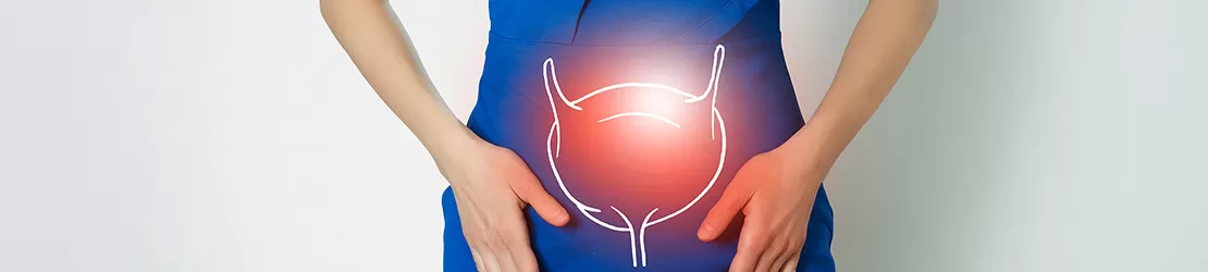 femeie in rochie albastra, cu o imagine stilizata a unei vezici suprapusa